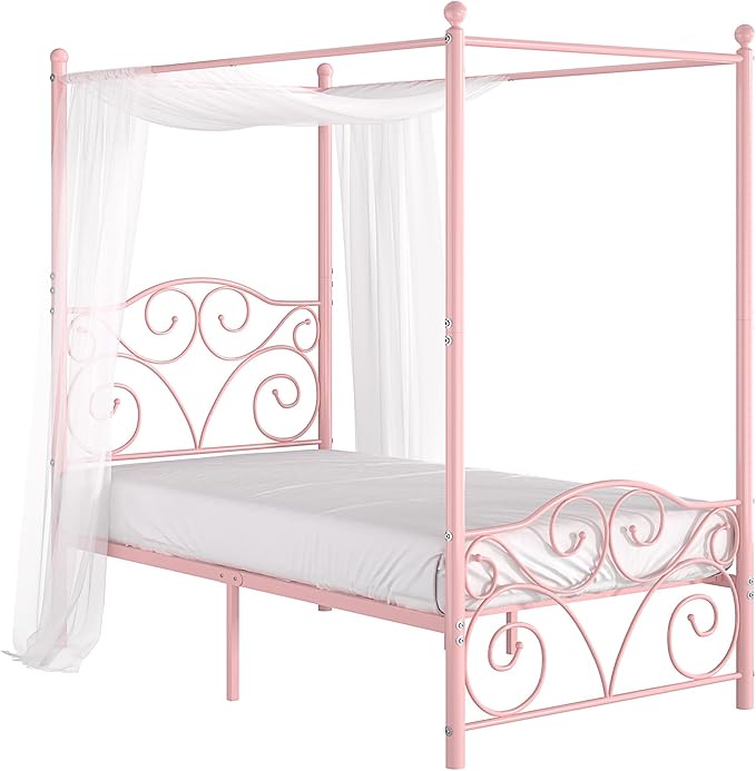 VECELO Metal Canopy Bed Frame Twin Size, 4 Posters Platform Mattress Foundation with Headboard, Heavy Duty Steel Slats Support, No Box Spring Needed, Pink