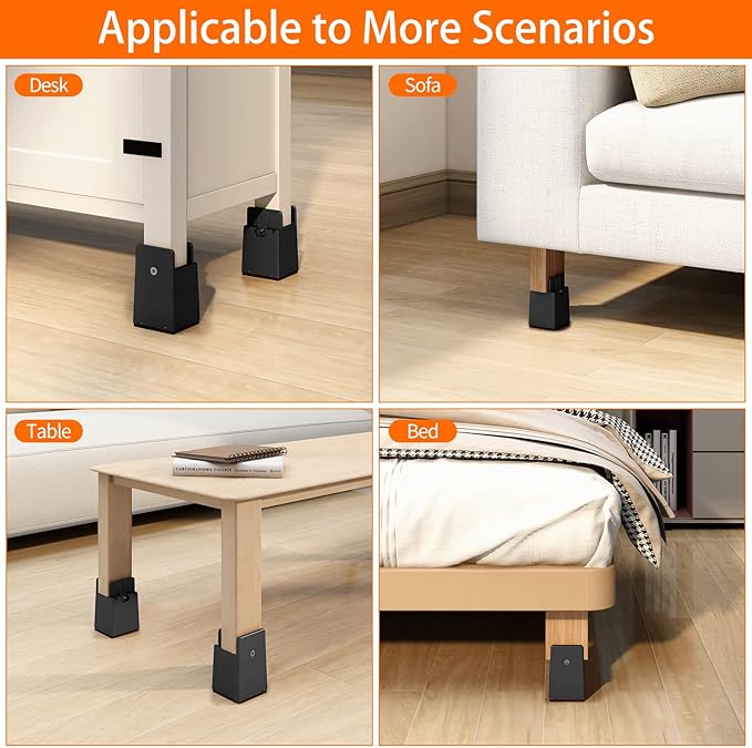 4Pack Bed Risers with Adjustable Screw Clamp, Fit Thickness of Furniture Frame from 0 to 2 Inch, Elevation in Heights 4" Heavy Duty Risers for Lifting Couch Desk Table Cabinet Nightstand, Beige