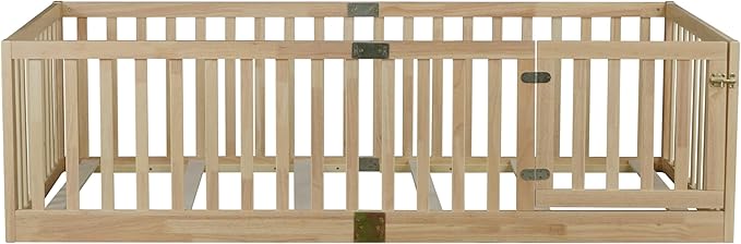 Bellemave Twin Size Montessori Floor Bed with 21.5" High Rails, Rubber Wood Twin Floor Bed with Slats and Door, Natural