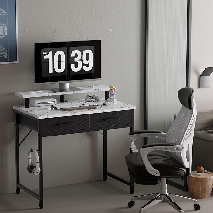 Pamray 32 Inch Small Computer Desk with Monitor Stand Home Office Desks with 2 Drawers for Bedroom Study Writing and Work Table for Small Spaces Marble