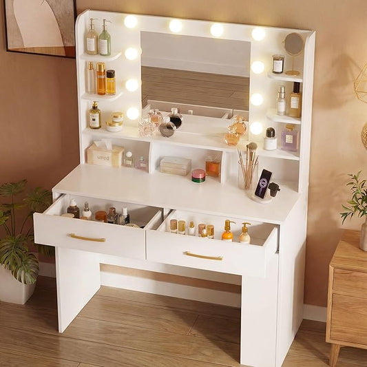 LUCKRACER Vanity Desk with LED Lights Mirror & Charging Station, White Makeup Vanity with Storage Drawers and Shelves, Modern Dressing Table for Women Girls Bedroom, White