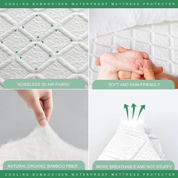 UNILIBRA King Size Waterproof Mattress Protector, 3D Air Rayon Made from Bamboo Cooling Mattress Cover, Breathable Deep Pocket Mattress Pad Fits to 8''-21'' White