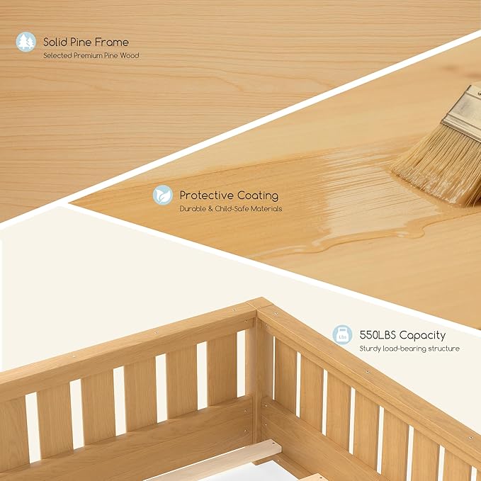 Bellemave Full Size Floor Bed Frame with Fence & Bookshelf, Solid Pinewood Montessori Floor Bed Full with Slats Load 450LBS, Low Profile Floor Bed for Kids, Bedroom, Nursery, Easy Assembly, Natural