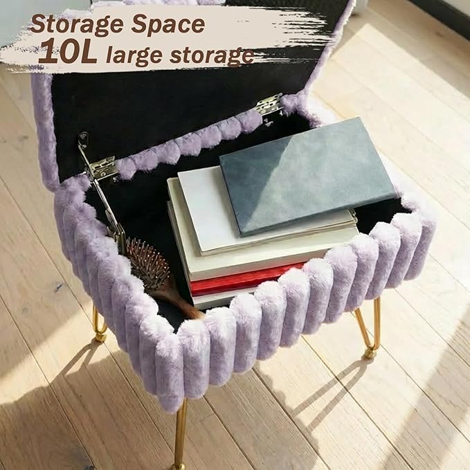 EBENCHICO Vanity Stool Chair with Storage, Faux Fur Stools for Vanity Makeup, Foot Stool Ottoman with 4 Metal Legs, Small Vanity Bench Seat Chairs for Living Room Bedroom