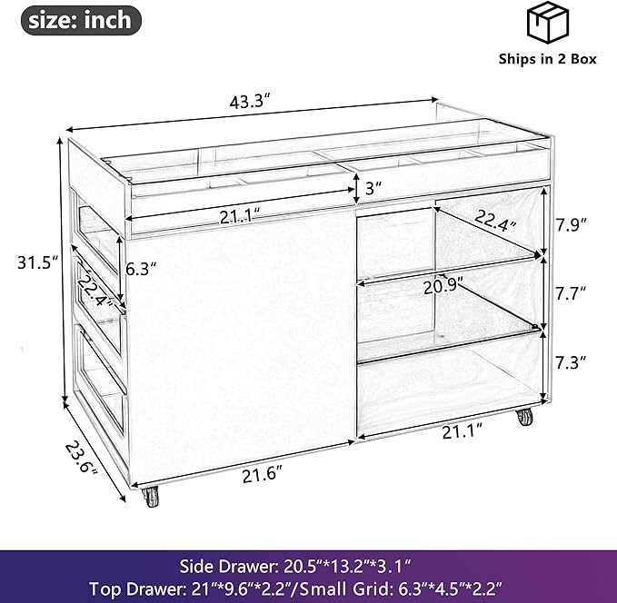 Movable Storage Cabinet Island, 43.3" Multi-Functional Island with 3 Side Drawer, a Reversible Top Storage Space and Two Glass Display Shelves, Vanity Table