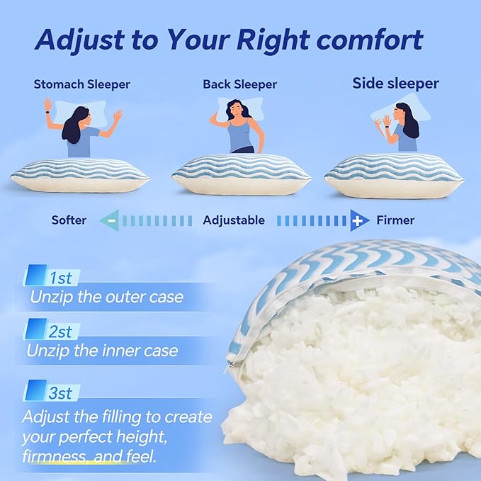 SLEEPDIARY King Size Pillows Set of 2 – Adjustable Shredded Memory Foam Cooling Pillows, Custom Loft for Side, Back, and Stomach Sleepers, Shape-Retaining Support & Washable Cover