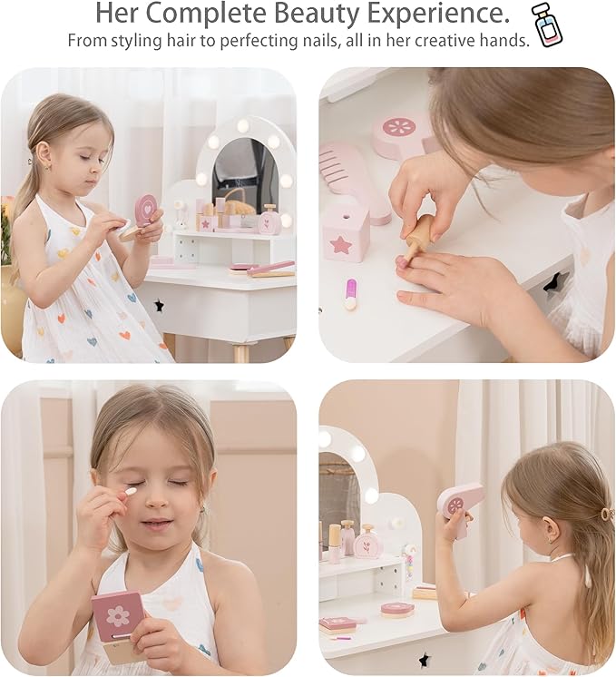 Leeshyah Kids Vanity Set for Little Girls with Touch-Button 3-Color Light Mirror, Wooden Pretend Play Makeup Table with 11 Accessories, Toddler-Sized Beauty Desk for Ages 3+