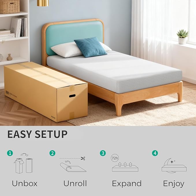 FDW 6 Inch Twin Mattress, Medium Firm Gel Memory Foam, Cooling Ventilated Foam, Pressure Relief, White, Removable Washable Cover, Bed in a Box, CertiPUR‑US Certified