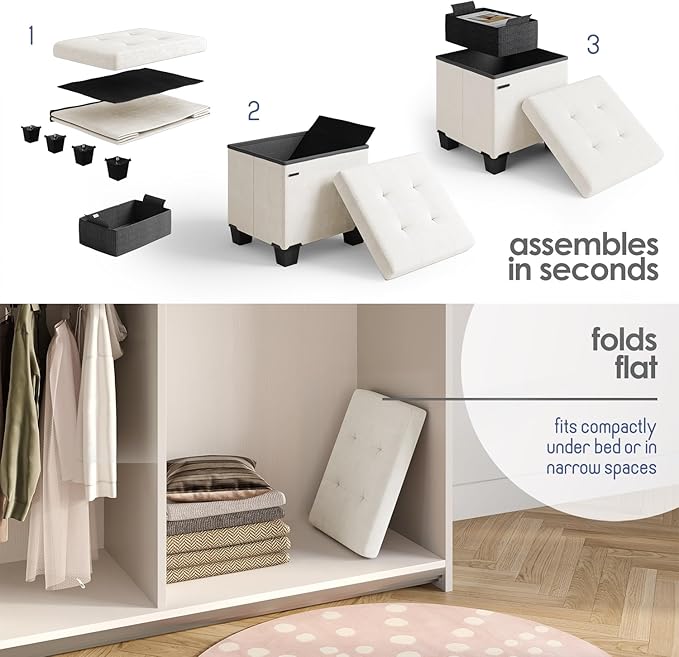 Storage Ottoman Cube with Small Bin, 15-in Square Ottoman with Storage for Living Room and Bedroom, Small Ottomans Foot Rest, Velvet Foot Stools Ottomans Max 330lbs, Cream