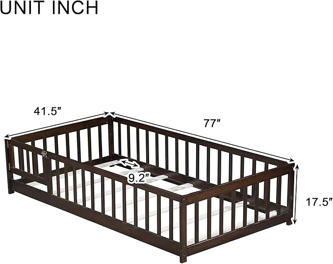 Bellemave Twin Floor Bed Frame with Slats and Safety Guardrail, Wood Twin Size Montessori Floor Bed with Door and Fence, Easy Assemble Montessori Beds for Kids, Girls, Boys, Espresso