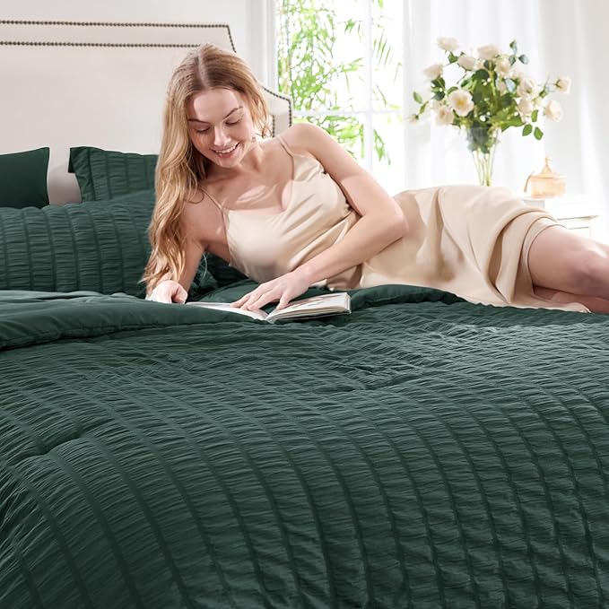 CozyLux King Size Comforter Set Forest Green Seersucker 7 Pieces Bed in a Bag King Comforter Set with Sheets, Luxury Soft Bedding Sets with Down Alternative Comforter, Sheets, Pillowcases & Shams