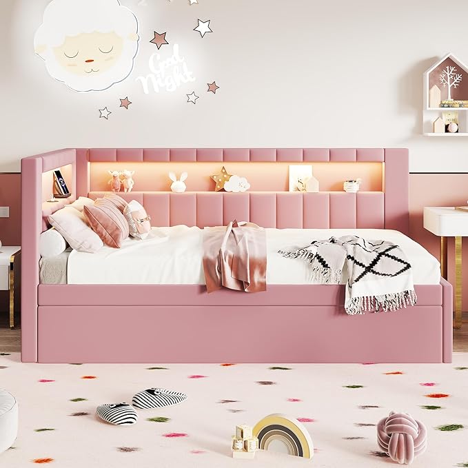 Merax Twin Size Modern Upholstered Platform Bed with USB Ports & Trundle Bed, Floor Daybed with Wood Slat Support, Storage Bed Frame with Headboard/Twin, Pink