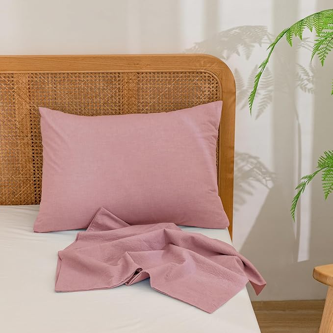 BESTOUCH 100% Washed Cotton Pillowcase for Hair and Skin Linen Feel Soft Comfortable Breathable 2 Set Pillow Case with Envelope Closure Solid Red Pink Standard 20x26 Inches