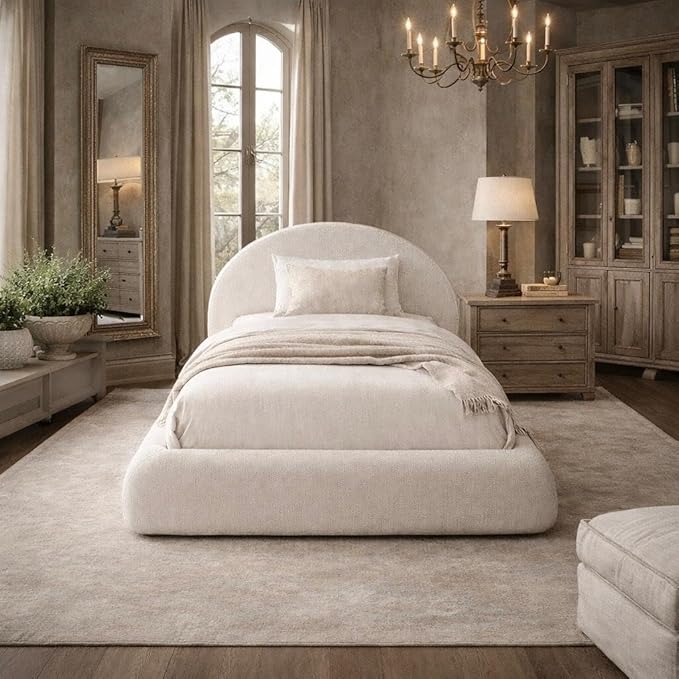 Round Bed – Washable Zip Cover - Upholstered Linen Soft Foam - Modular Minimalist Modern - Half Circle Moon - Sold Sold Separately (Waterproof White Linen, Twin Headboard)