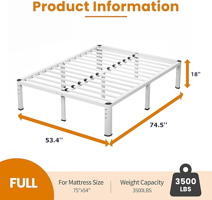 NKZ Full Platform Bed Frame, 18 Inch Metal Bed Frame with Storage Space, No Box Spring Needed, Easy Assembly, Noise Free, 3,500 lbs Heavy Duty Steel Slats Support