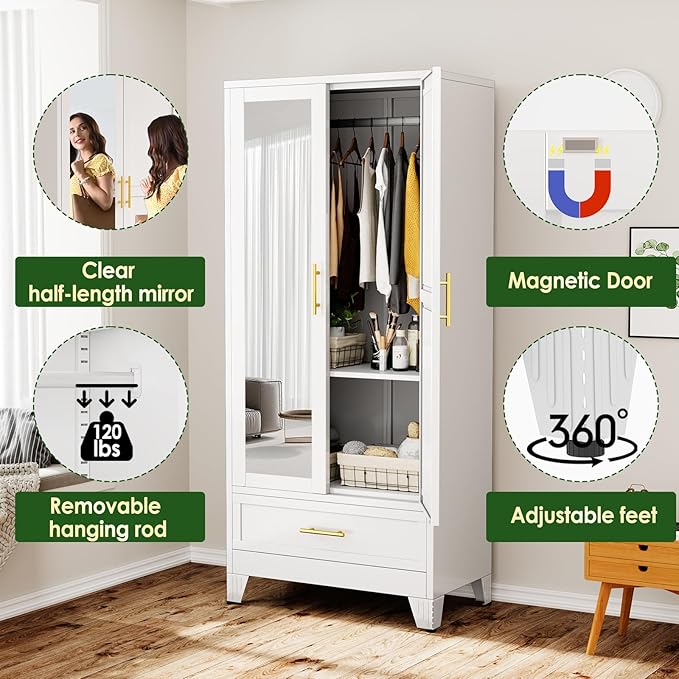 winiowa Metal Armoire Wardrobe Closet with Drawer, 71" Wardrobe Cabinet with Adjustable Shelves and Hanging Rod, Clothing Storage Cabinet Closet with Mirror for Bedroom-White