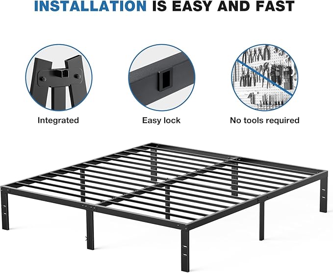 OLIXIS Metal King Bed Frame - 14in High with Storage Space, No Box Spring Needed with Sturdy Steel Slat Support, 2200LBS Heavy Duty for Easy Assembly, Black for Bedroom