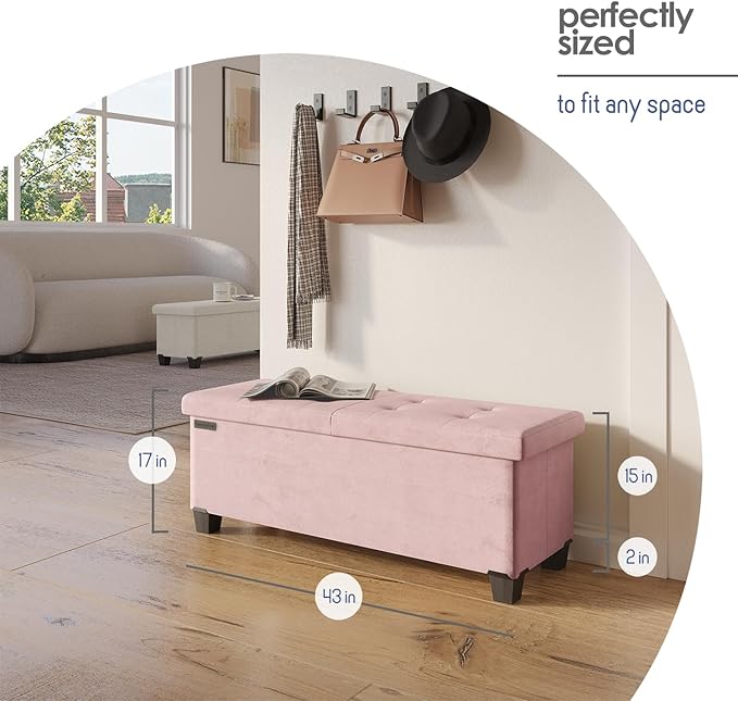 Storage Ottoman Bench with Bins, 43-in Storage Bench for Bedroom End of Bed, Folding Foot Rest Ottoman for Living Room Max 660lbs, Velvet Ottomans, Pink