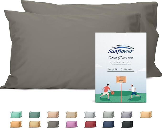 Sunflower Queen Pillowcases Set of 2, 100% Cotton Queen Size Pillow Cases 2, 20×30 inches Taupe Gray, Soft and Breathable