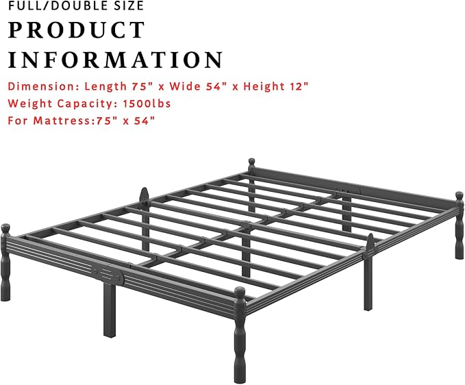 ZIYOO 12 Inch Full Size Metal Platform Bed Frame - 1000LBS Heavy Duty, Anti-Slip, Noise-Free No Box Spring Needed, Vintage Steel Frame for Bedroom (Vintage Black)