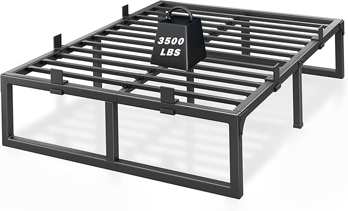 Queen Bed Frame, 14 Inch Metal Platform Bed Frames with Squeak Free U-Slot Design, 6 Non-Slip Guards, 3500lbs Heavy Duty Steel Slat Support, No Box Spring Needed, Under Bed Storage, Black