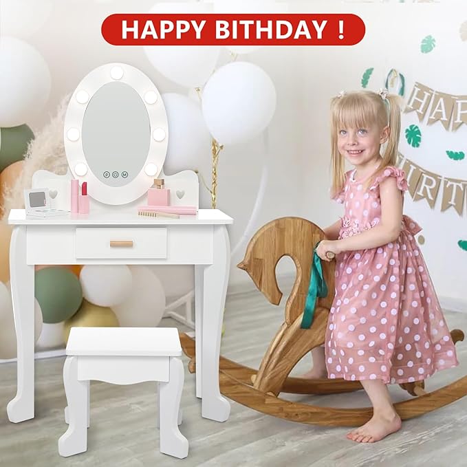 GarveeHome Kids' Vanity Set with Mirror and Light, Makeup Table and Stool for Girls, Vanity Table and Chair Set with Wood Makeup Playset for 4-9 Girls, White (Batteries Not Included)