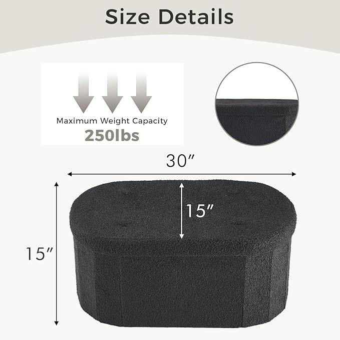 DUMOS Folding Storage Ottoman Bench, Oval Round Ottoman End of Bed Foot Rest Bench Stool with Cushion, Storage Chest for Bedroom, Living Room, Entryway, Dorm, Teddy Fabric, Black