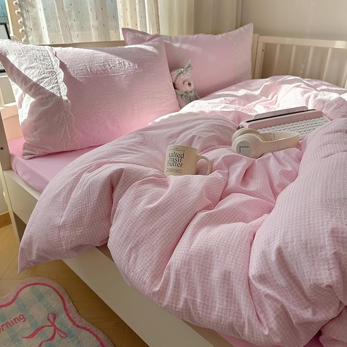 mixinni Pink Gingham Duvet Cover Full Size - 3 Piece Cottagecore Plaid Bedding Set with Lace Trim, Soft Washed Microfiber Vintage Aesthetic Grid Comforter Cover & Pillow Shams, (Pink White Gingham)