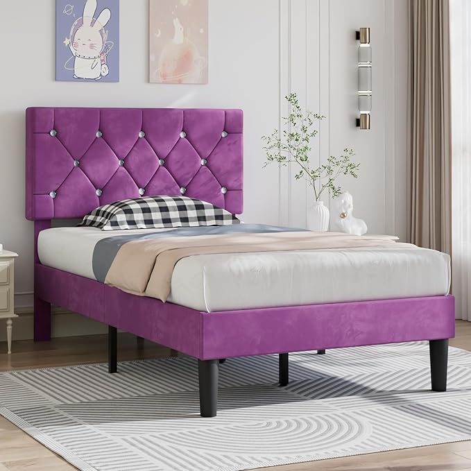 VECELO Twin Size Bed Frame, Upholstered Platform with Adjustable Diamond Tufted Headboard, Wood Slat Support, No Box Spring Needed, Purple