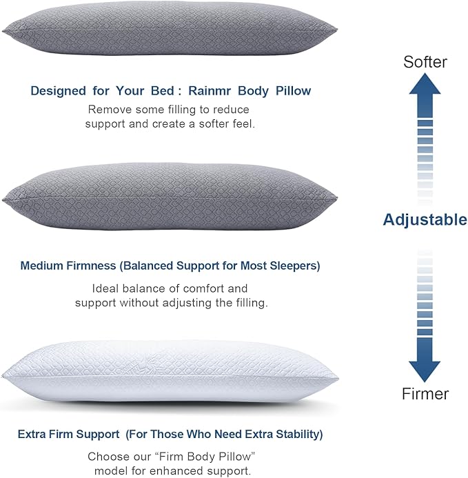 Rainmr Thick Memory Foam Body Pillow - Full Body Pillows for Side Sleeper - with Grey Cooling Pillowcase 20 x 54 inches