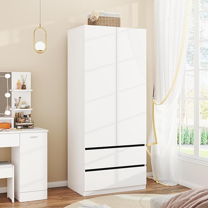 Armoire Wardrobe Closet with Drawers：75" Large White Wardrobe Closet Cabinet with 2 Doors for Hanging Clothes, Modern Wooden Bedroom Armoires with 2 Drawers and Storage (A-Style, 31.5")