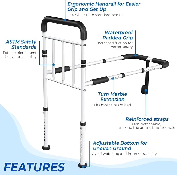 Bed Assist Rail for Elderly - ASTM Approved, 400 LBS Capacity, Tool-Free, Stable Bed Assist Rails for Seniors with Ergonomic Non-Slip Handle & Storage Pocket