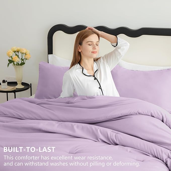 CozyLux Lavender Full Size Comforter Set, 3 Pieces Light Purple Solid Breathable Quilted Boho Bedding Sets, Luxury Fluffy Soft Bed Set with Down Alternative Comforter and 2 Pillowcases for All Season