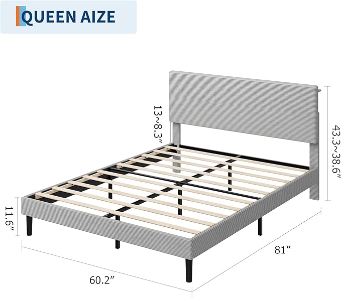 IDEALHOUSE Queen Bed Frame, Platform Bed with Adjustable Corduroy Upholstered Storage Headboard and Charging Station, Sturdy Metal Support, Noise Free, Easy Assembly, Gray