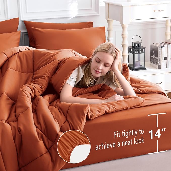 CozyLux King Size Comforter Set Terracotta, 7 Pieces Bed in a Bag, Burnt Orange Fall Comforter King Size, All Season Bedding Sets with Stitch Quilted Comforter, Flat Sheet, Fitted Sheet, Pillowcases