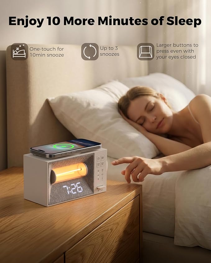 Alarm Clock with 15W Wireless Charger, White Noise Machine with 20 Soothing Sounds, Sunrise Wake Up Light for Bedrooms, Dimmable Bedside Clock with Dual Alarms, Gift for Kids and Adults