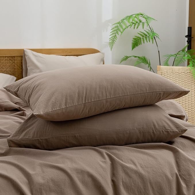 BESTOUCH Duvet Cover Set 100% Washed Cotton Linen Feel Super Soft Comfortable Chic Lightweight 3 PCs Home Bedding Set Solid Pine Bark Brown Alaska King