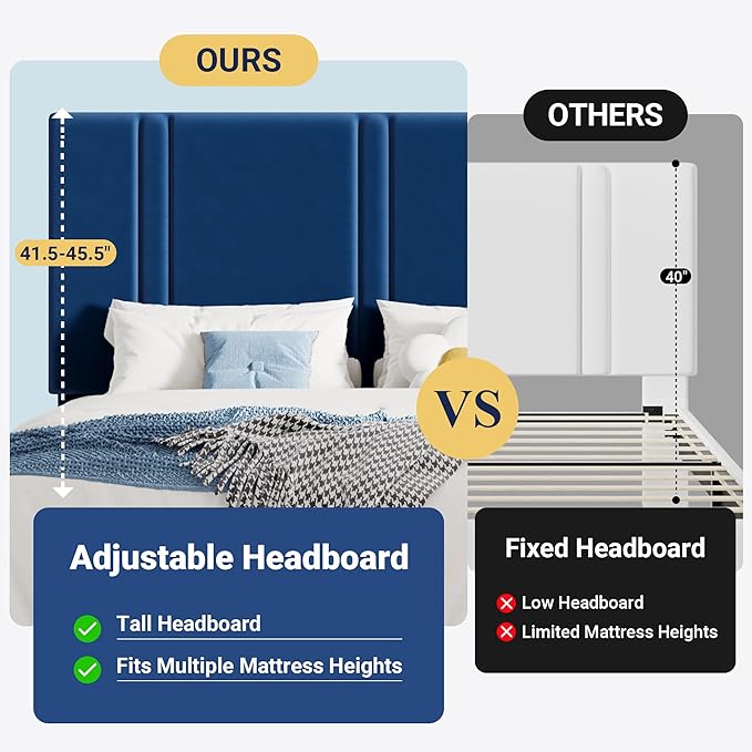 Allewie Full Size Platform Bed Frame with Adjustable Headboard, Plush Velvet Upholstered, Vertical Channel Tufted, Sturdy Wooden Slats, No Box Spring Needed, Easy Assembly, Blue