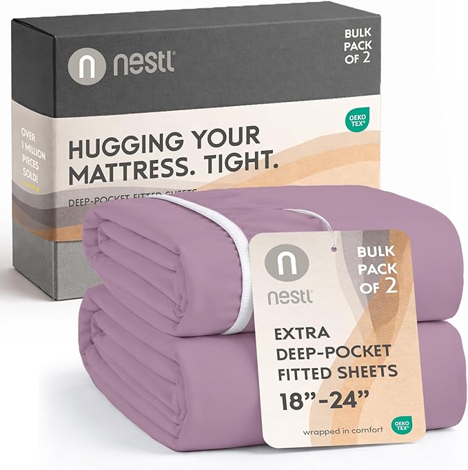 Nestl 2 Pack Grayish Purple Fitted Sheet Extra Deep Pocket, Hotel Luxury QueenFitted Sheet Only Easily Fits 18 to 24 Inch Mattress, Super Soft, Wrinkle-Free and Breathable with Corner Straps