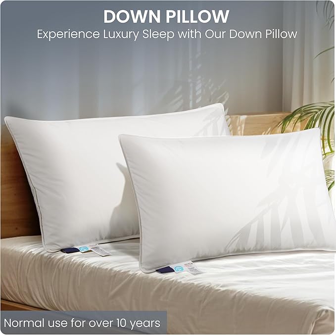 White Goose Down Pillow, Feather and Down Hotel Pillows with 100% Cotton Shell for Side and Back Sleepers, Soft Down Pillows for Neck Support, All Season Bed Pillow
