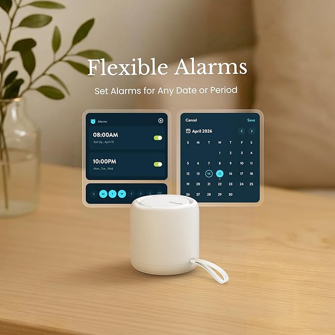 White Noise Sound Machine & Alarm Clock: Color Noises and Custom Soundscapes, App Control, Sleep Schedule, Multiple Alarms, 100 Volume Levels, Built-in Battery