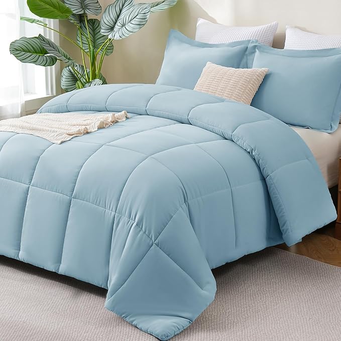 CozyLux Full Size Comforter Sets - 270GSM Light Blue Bedding Sets for All Seasons, 3 Pieces Box Stitched Bed Set with 1 Down Alternative Comforter and 2 Pillow Shams, Soft, Lightweight, Breathable