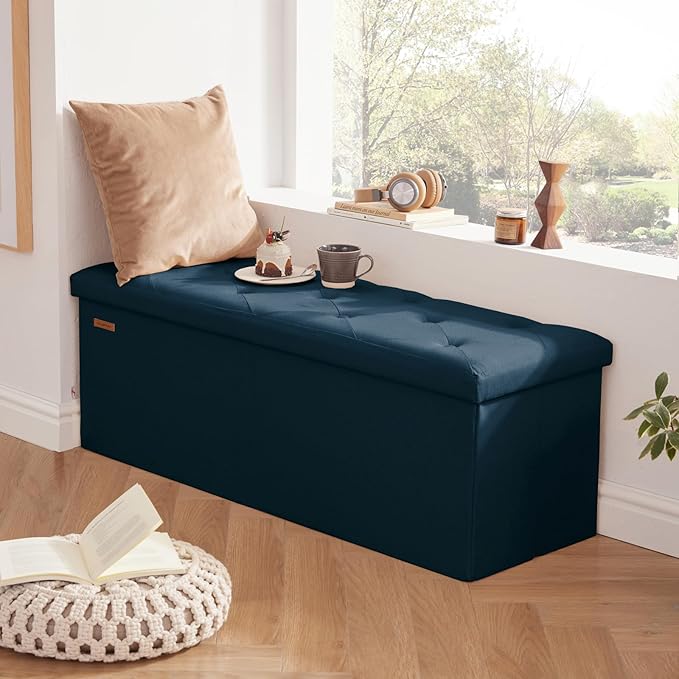 HAUSFRAU Storage Ottoman Bench with Flipping Lid, 43.3 Inches Storage Chest Footsrest, Folding Foot Stool for Entryway, Living Room, Bedroom, Linen Navy Blue