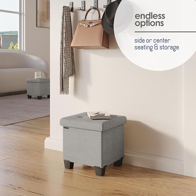 Storage Ottoman Cube with Small Bin, 15-in Square Ottoman with Storage for Living Room and Bedroom, Small Ottomans Foot Rest, Fabric Foot Stools Ottomans Max 330lbs, Light Grey