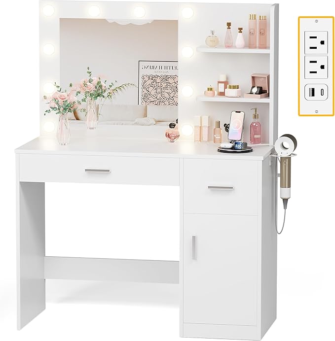 JUMMICO 35.4" Vanity Desk with Mirror and Lights - LED Makeup Vanity Table with Charging Station, 3 Color Adjustable Lights, 3 Drawers & Large Cabinet with Shelves for Bedroom Dressing Room (White)