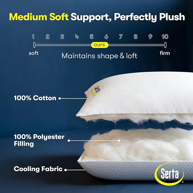 Serta Cooling Down Alternative Bed Pillows King Size Set of 2, Reversible Cooling & Cotton Fabric, Medium Firm, Breathable Support for Hot, Side, Back & Stomach Sleepers, 20" x 36"