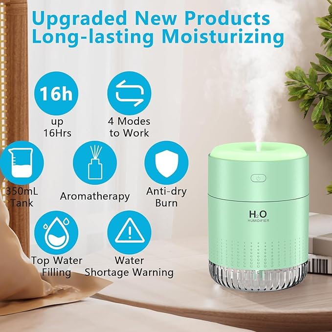 SZO Portable Mini Humidifier, 500ML USB Personal Cool Mist Humidifiers for Bedroom Office Travel Desk, Whisper Quiet 20dB with 2 Mist Modes & Auto Shut-Off, Small Desktop Humidifier(Green)