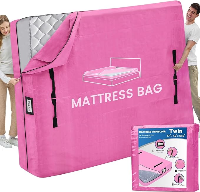 Mattress Bags for Moving and Storage, BETU Twin Mattress Protector Waterproof Mattress Cover with 8 Heavy Duty Handles and Zipper Extra Thick Moving Supplies for Dorm Bed Reusable (77x42x13.5 Pink)