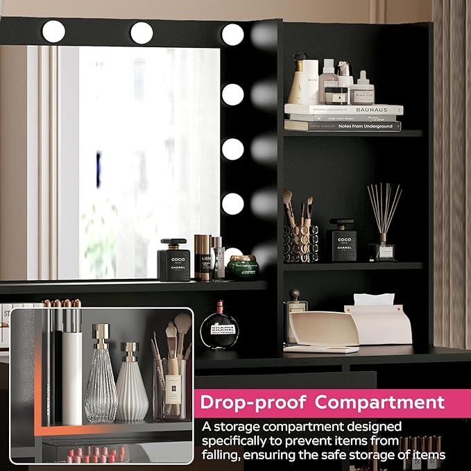 Palimder Vanity Desk with Mirror & Light, Large Drawer & Three Level Storage Dresser, 3 Lighting Modes Adjustable Brightness, Bedroom Dressing Table (Black)