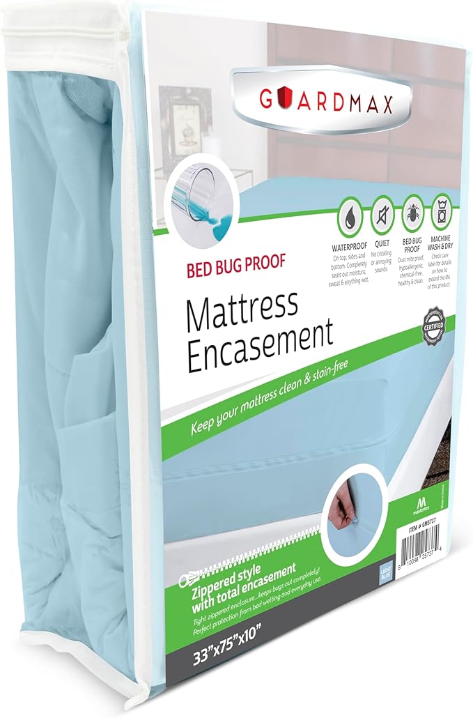 Guardmax Cot Mattress Encasement with Zipper, Waterproof, Bed Bug Proof, and Dust Mite Proof Mattress Protector for Cot Size Bed up to 10" Deep, Zippered All Around Jersey Knitted Mattress Cover
